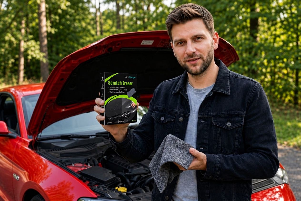 Mann mit LifeGauge Scratch Eraser vor Auto